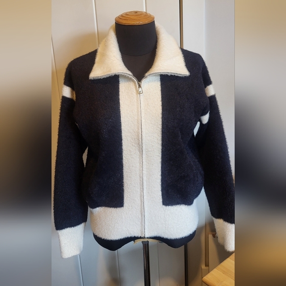 Jackets & Blazers - Women's Black and White Zip-Up Sweater  Jacket